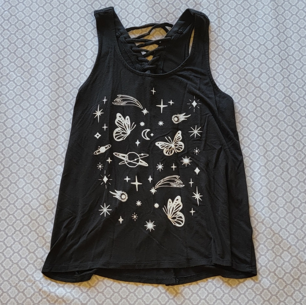 XS, black tank-top w/ white graphics and lace-up back